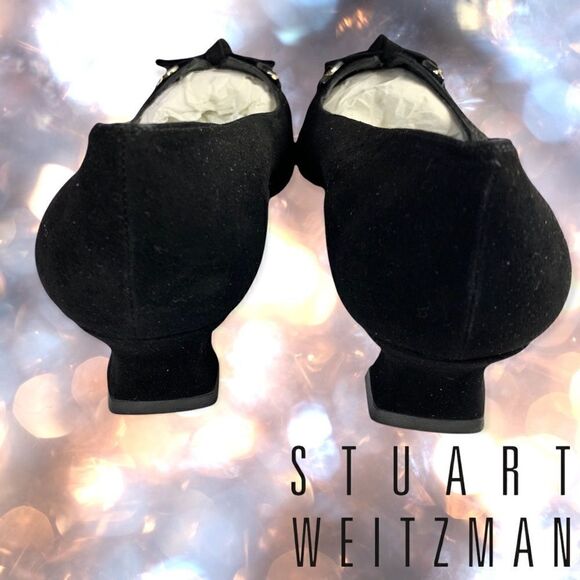 STUART WEITZMAN Black Suede Perforated Tie Bow Linsperf Heels - Picture 4 of 8